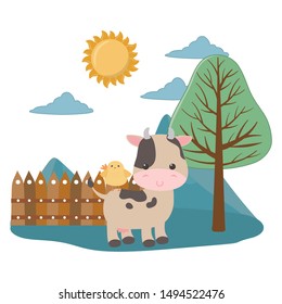 cow and chicken cartoon vector design