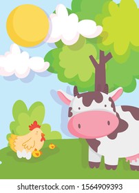 cow chicken and chicks tree sky farm animals vector illustration