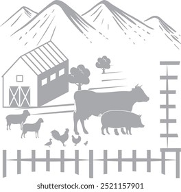 cow, chicken, duck, goat, sheep farm on the mountain