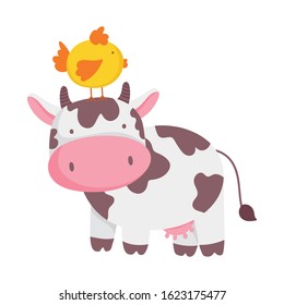 cow and chicken in head farm animal cartoon vector illustration