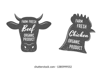 Cow and Chicken head labels with grunge texture. Beef and Chicken meat emblems. Farm animal heads for groceries, butcher shop, meat store. Retro vintage design. 