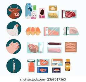 Cow, chicken, pig and fish. Natural meat and dairy products, eggs and canned food. Vector illustration.
