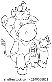 Cow and chicks. Element for coloring page. Cartoon style.