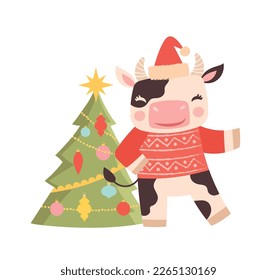 Cow with Christmas tree. New Year and Christmas, traditional winter holidays. Invitation and greeting card design. Character decorates apartment, toys and garlands. Cartoon flat vector illustration
