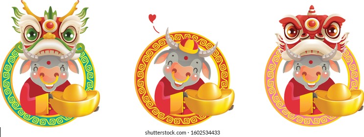 Cow in a circle for the year of the ox. Dragon head and Lion head. Holding gold getting. Red numbers with gold patterns, antique chinese style patterns. 2021 Chinese New Year and happy new year. 