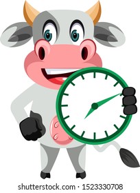 Vaca con reloj, ilustración, vector sobre fondo blanco.