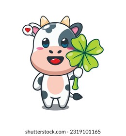 cow with clover leaf cartoon vector illustration.