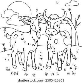 Cow coloring book, goat coloring book, cow vector, goat vector, cow illustration, goat illustration