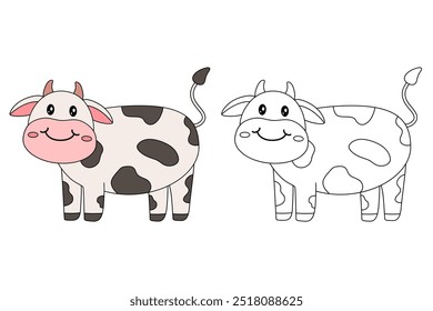 Cow coloring pages for kids. Trace and color cute Cow. Coloring page animal outline of cute cow tracing worksheet vector. Kindergarten and preschool activity. 