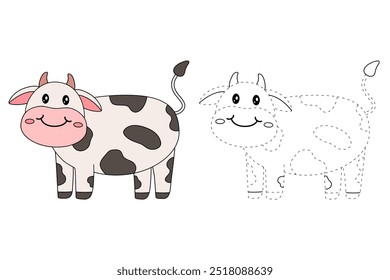 Cow coloring pages for kids. Trace and color cute Cow. Coloring page animal outline of cute cow tracing worksheet vector. Kindergarten and preschool activity. 
