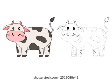 Cow coloring pages for kids. Trace and color cute Cow. Coloring page animal outline of cute cow tracing worksheet vector. Kindergarten and preschool activity. 