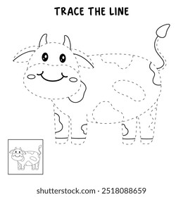 Cow coloring pages for kids. Trace and color cute Cow. Coloring page animal outline of cute cow tracing worksheet vector. Kindergarten and preschool activity. 