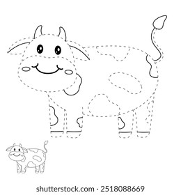 Cow coloring pages for kids. Trace and color cute Cow. Coloring page animal outline of cute cow tracing worksheet vector. Kindergarten and preschool activity. 