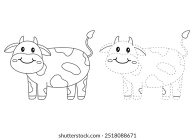 Cow coloring pages for kids. Trace and color cute Cow. Coloring page animal outline of cute cow tracing worksheet vector. Kindergarten and preschool activity. 