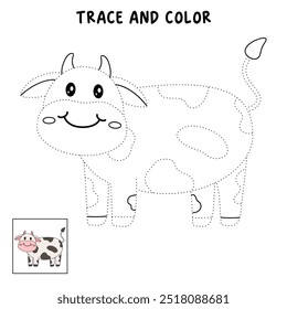 Cow coloring pages for kids. Trace and color cute Cow. Coloring page animal outline of cute cow tracing worksheet vector. Kindergarten and preschool activity. 