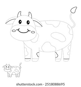 Cow coloring pages for kids. Trace and color cute Cow. Coloring page animal outline of cute cow tracing worksheet vector. Kindergarten and preschool activity. 
