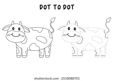Cow coloring pages for kids. Trace and color cute Cow. Coloring page animal outline of cute cow tracing worksheet vector. Kindergarten and preschool activity. 