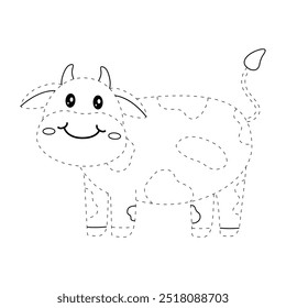 Cow coloring pages for kids. Trace and color cute Cow. Coloring page animal outline of cute cow tracing worksheet vector. Kindergarten and preschool activity. 