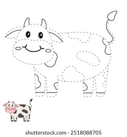Cow coloring pages for kids. Trace and color cute Cow. Coloring page animal outline of cute cow tracing worksheet vector. Kindergarten and preschool activity. 