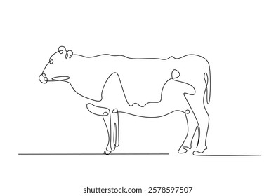 Cow in continuous one line drawing. Single line art draw of cow or bull. Editable vector.