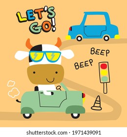 cow cool on the car funny animal cartoon