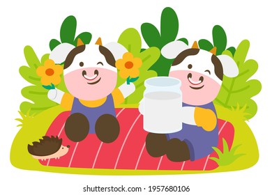 cow couple pinic in park, They are enjoy with flower, animal cartoon character, vector illustration