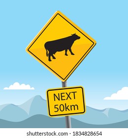 cow crossing next 50km, isolated vector illustration