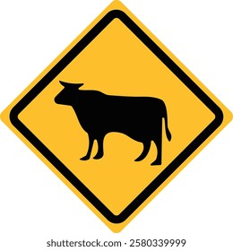 Cow crossing sign, a warning sign indicating the presence of cows or livestock that may cross the road, commonly found in rural or agricultural areas.