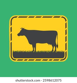 Cow crossing sign, yellow with black stripes and green background