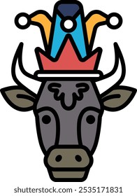 A cow with a crown on its head. The cow is wearing a red and blue hat