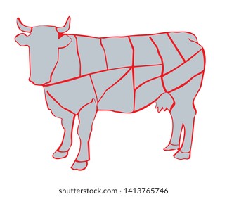 Cow and cut of beef or beef chart. Diagram of different parts of a cow, showing cuts of beef. Cutting meat diagram guide for cow.