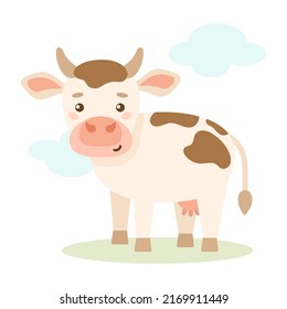 Cow. Cute farm animal in flat simple style. Isolated on white background. Vector illustration