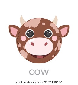Retrato de vaca Cute con el nombre de texto sonrisa cabeza de sonrisa granja avatar forma redonda cara animal, aisladas ilustraciones de iconos vectoriales. Póster plano de mano simple para niños, aplicación de interfaz de usuario, camisetas, ropa para bebés