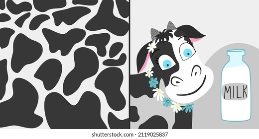 Cow cute vector character. Double sided flyer template. Cow skin, milk bottle and cow. milk production farming