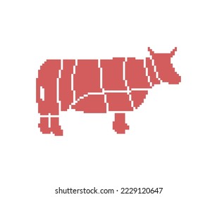 Cow cutting meat pixel art. 8 bit Butcher Manual butchering beef carcasses pixelated