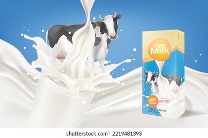Cow dairy cattle with milk liquid splashing on solid color background. Packaging mock up, Food and drink concepts.