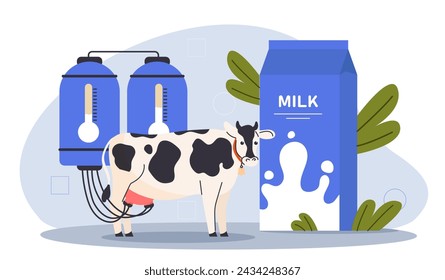 Kuh auf Milchfarm. Erzeugung von Milch. Rinder in der Nähe der Verpackung mit Getränk mit Kalzium. Fertigungs- und Verarbeitungslinie. Gesunde Ernährung. Cartoon flache Vektor-Illustration isoliert auf weißem Hintergrund