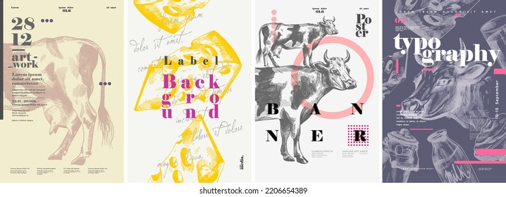 Cow. Dairy products. Set of vector postcards. Typography and background engraving illustrations . Label, poster, cover, t-shirt print.