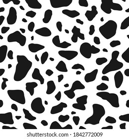 Cow or dalmatians dog spots. Black and white background. Seamless pattern with animals print for wallpaper, web page, textures, postcard, fabric, textile. Ornament of stylized skin. Vector 