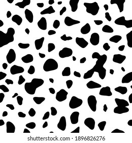 Cow or dalmatians dog spots. Black and white background. Seamless pattern with animals print for wallpaper, web page, textures, postcard, fabric, textile. Ornament of stylized skin. Vector 