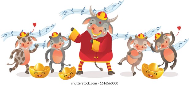 Cow dance and Calfs personality. Chinese style. Red cheongsam dress. Bull zodiac symbol of the year 2021. Year of the ox. gestures and smiling. Cute cartoon style. Cow holding gold. Vector.