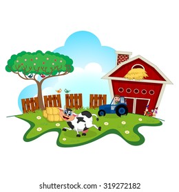 Cow dance cartoon in a farm for your design
