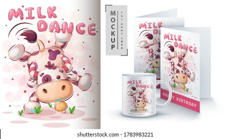 Cow dance - poster and merchandising. Vector eps 10