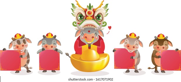 Cow dancing dragon head and Calfs personality. Chinese style. Red cheongsam dress. Bull zodiac symbol of the year 2021. Year of the ox. gestures and smiling. Cute cartoon style. Cow holding gold. 