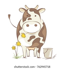 Cow with dandelion. Funny vector illustration, cheerful cow en face