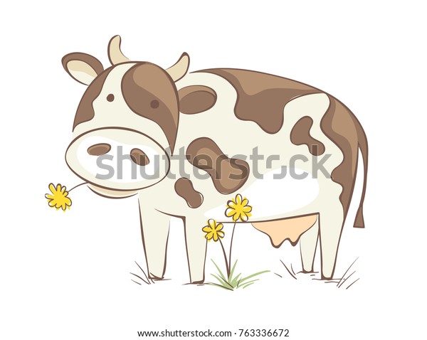 タンポポと牛 面白いベクターイラスト 明るい牛が花を噛む のベクター画像素材 ロイヤリティフリー