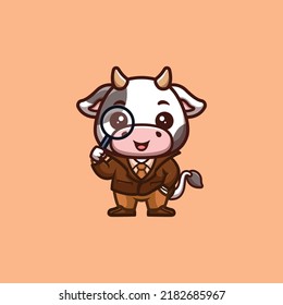 Cow Detective Cute Creative Kawaii Cartoon Mascot Logo