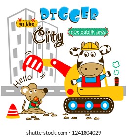 cow and digger funny animal cartoon,vector illustration