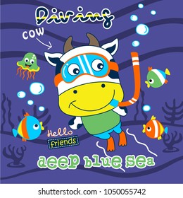 cow is diving in deep sea funny cute cartoon,vector illustration