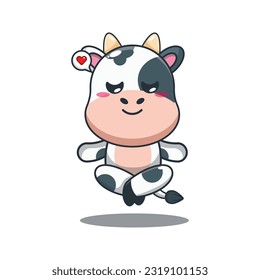 cow doing meditation yoga cartoon vector illustration.